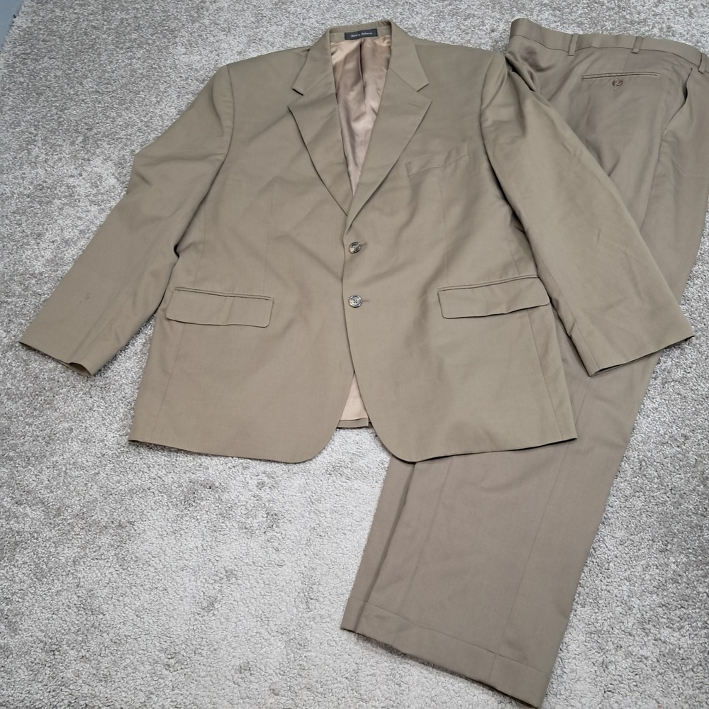 Chaps Mens 2 Piece Suit Tan 100% Wool Blazer 46R Pleated Trousers 38W 32L 8029
